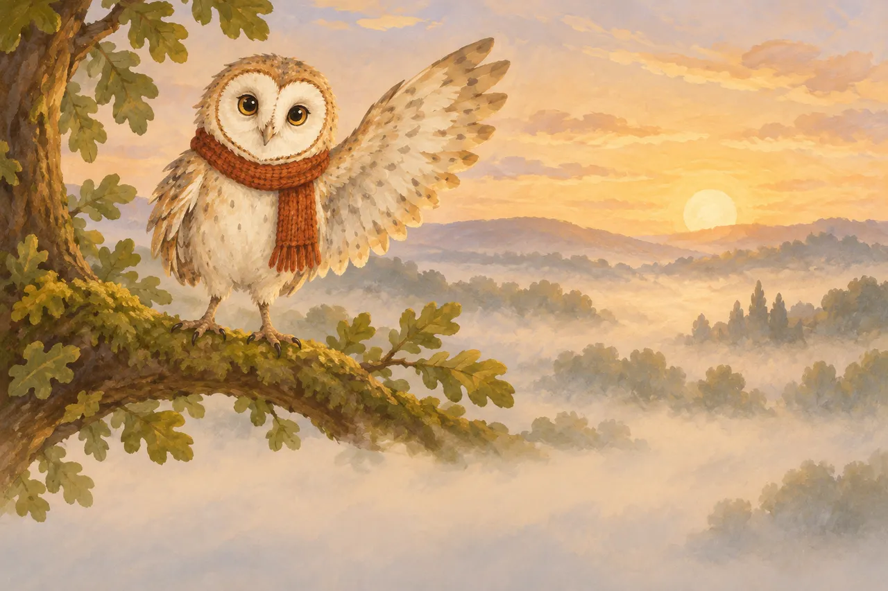 A barn owl in a knitted scarf on an oak branch, above mist at sunrise.